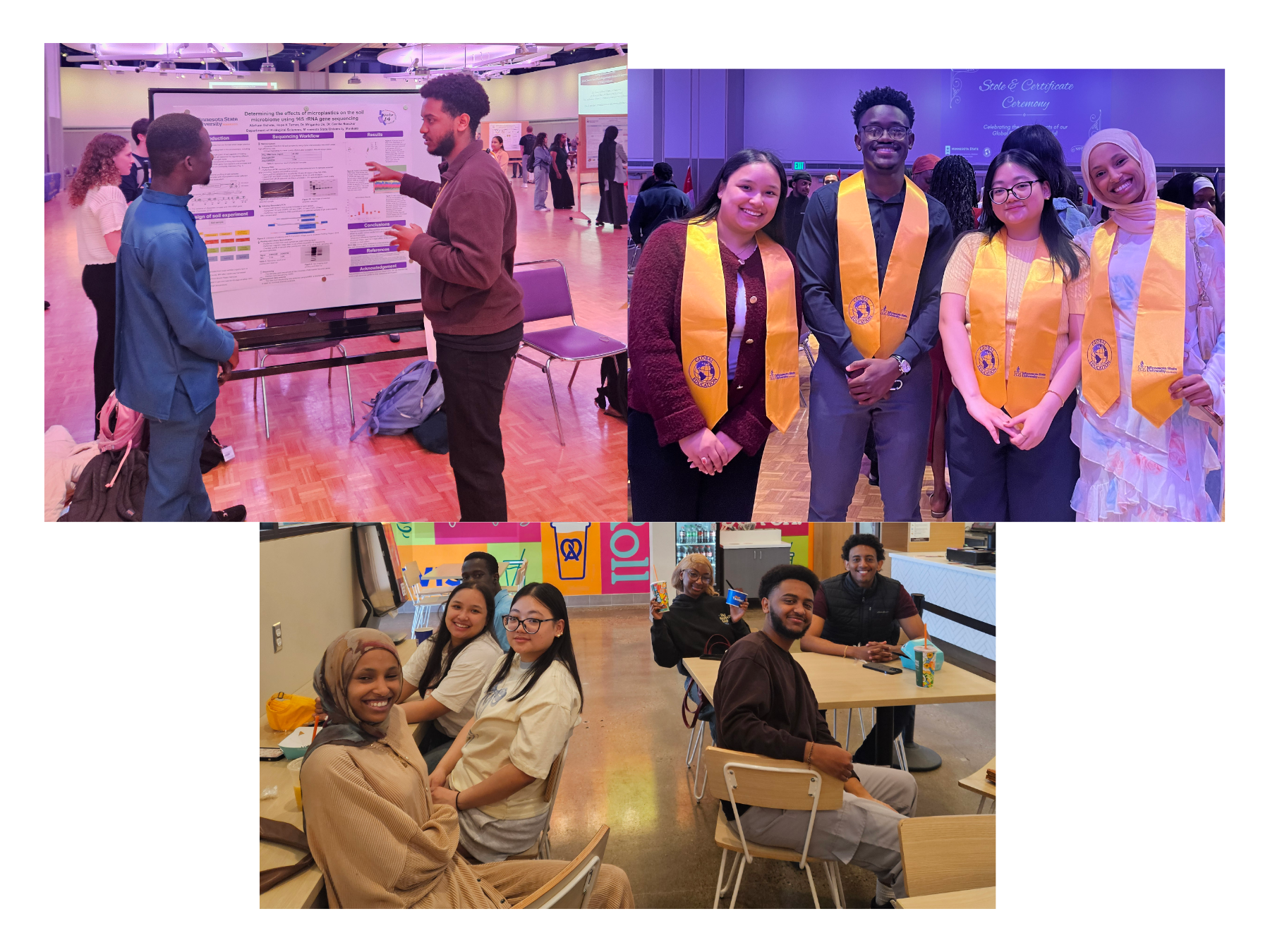 Collage of students at the URS, eating smoothies, graduating